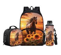 Jeiento Juego de 3 mochilas para niños y niñas, preescolar, primaria, con lonchera aislada, soporte para botella de agua, Girasoles de caballo, Talla única, Mochilas de día