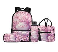 Jeiento Juego de 4 mochilas escolares de 17 pulgadas para niños y niñas, con bolsa de almuerzo aislada, bolsa para lápices, portabotellas de agua, mochila de viaje para niños, Lindos gatos, Talla