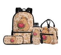 Jeiento Juego de 4 mochilas escolares de 17 pulgadas para niños y niñas, con bolsa de almuerzo aislada, bolsa para lápices, portabotellas de agua, mochila de viaje para niños, Bonito capibara, Talla