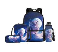 Jeiento Juego de 4 mochilas escolares para niñas y niños con bolsa de almuerzo, estuche para lápices, bolsas para botellas de agua, Cielo estrellado, luna, búho, Talla única, Mochilas de día