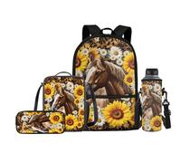 Jeiento Juego de 4 mochilas escolares para niñas y niños con bolsa de almuerzo, estuche para lápices, bolsas para botellas de agua, Caballo marrón girasol, Talla única, Mochilas de día