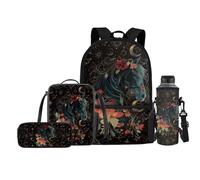 Jeiento Juego de 4 mochilas escolares para niñas y niños con bolsa de almuerzo, estuche para lápices, bolsas para botellas de agua, Caballo Negro, Talla única, Mochilas de día
