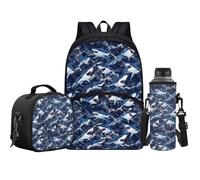 Jeiento Juego de mochila escolar 3 en 1 de dibujos animados para niños y niñas, mochila casual con correa ajustable para el hombro con bolsa de almuerzo y portabotellas de agua, Animal marino de