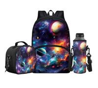 Jeiento Juego de mochila escolar 3 en 1 de dibujos animados para niños y niñas, mochila casual con correa ajustable para el hombro con bolsa de almuerzo y portabotellas de agua, Galaxy Universe Space