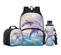 Jeiento Juego de mochila escolar 3 en 1 de dibujos animados para niños y niñas, mochila casual con correa ajustable para el hombro con bolsa de almuerzo y portabotellas de agua, delfín, Talla única