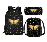Jeiento Juego de mochila escolar de animales con bolsa de almuerzo aislada, estuche para lápices, juegos de mochila 3 en 1 para niños, Black Moon Stars Butterfly, Talla única, Mochilas de día
