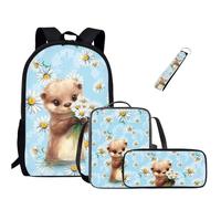 Jeiento Juego de mochilas escolares para niñas y niños, mochila básica casual duradera resistente al agua con bolsa de almuerzo, estuche para lápices y llavero de muñeca, 4 en 1, Flor de nutria de