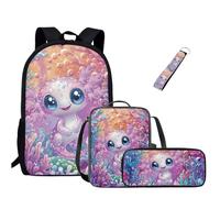 Jeiento Juego de mochilas escolares para niñas y niños, mochila básica casual duradera resistente al agua con bolsa de almuerzo, estuche para lápices y llavero de muñeca, 4 en 1, Axolotl, L, Mochila