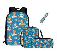 Jeiento Juego de mochilas escolares para niñas y niños, mochila básica casual duradera resistente al agua con bolsa de almuerzo, estuche para lápices y llavero de muñeca, 4 en 1, Dinosaurio de dibujos