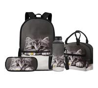 Jeiento Juego de mochilas escolares para niños y niñas, bolsa escolar con soporte para botella de agua, bolsa de almuerzo aislada, estuche 4 en 1, Gato encantador, Talla única, Mochilas de día