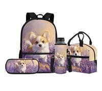 Jeiento Juego de mochilas escolares para niños y niñas, bolsa escolar con soporte para botella de agua, bolsa de almuerzo aislada, estuche 4 en 1, Perro Corgi galés, Talla única, Mochilas de día