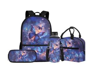 Jeiento Juego de mochilas escolares para niños y niñas, bolsa escolar con soporte para botella de agua, bolsa de almuerzo aislada, estuche 4 en 1, Mariposas azules brillantes, Talla única, Mochilas de