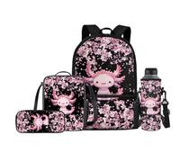 Jeiento Los juegos de mochilas escolares para niños incluyen bolsa de almuerzo, soporte para botella de agua, estuche para bolígrafos, preescolar, primaria, mochila para niños y niñas, Axolotl de flor