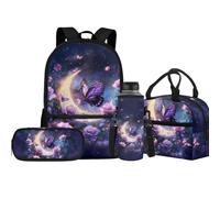 Jeiento Mochila escolar con bolsa de almuerzo aislada, bolsa para lápices, bolsa para botellas de agua, juego de 4 mochilas escolares para niños y niñas, Luna y mariposa, Talla única, Mochilas de día