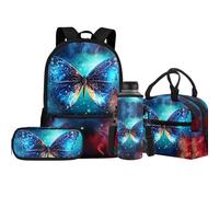 Jeiento Mochila escolar con bolsa de almuerzo aislada, bolsa para lápices, bolsa para botellas de agua, juego de 4 mochilas escolares para niños y niñas, mariposa azul, Talla única, Mochilas de día