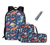 Jeiento Mochila escolar con diseño de dinosaurio para niños, con bolsa de almuerzo, estuche para lápices, llavero de 4 piezas de dibujos animados de dinosaurio para el regreso a la escuela, Dino, L,