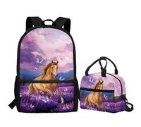Jeiento Mochila escolar de gran capacidad para niños y niñas, mochila escolar y bolsa de almuerzo, mochila de viaje para adultos y adolescentes, Caballo mariposa flor lavanda, Talla única, Mochilas de