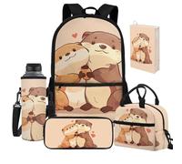Jeiento Mochila escolar para niños y niñas, ligera, casual, con bolsa de almuerzo, bolsa protectora para libros, funda protectora para botella de agua, Linda nutria, Talla única, Mochilas de día