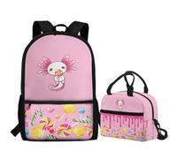 Jeiento Mochila infantil con estampado de animales para niños y niñas, juego de mochila escolar de gran capacidad y bolsa de almuerzo, Bonita piruleta y ajolotes, Talla única, Mochilas de día