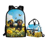 Jeiento Mochila infantil con estampado de animales para niños y niñas, juego de mochila escolar de gran capacidad y bolsa de almuerzo, Perros salchicha corriendo, Talla única, Mochilas de día