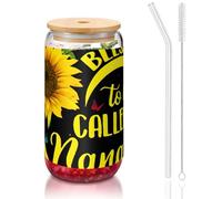 JEJEA Blessed to Be Called Nana - Vasos de vidrio con tapa de bambú y popotes, taza de café, tazas en forma de lata, vasos, cóctel, transparente