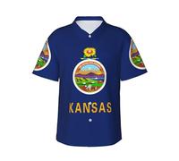 JEJEA Camisa hawaiana con estampado de la bandera del estado de Kansas para hombre, manga corta con botones, camisas de playa de verano, camiseta cubana casual, Negro, L