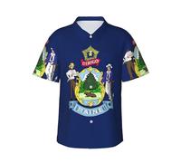 JEJEA Camisa hawaiana con estampado de la bandera del estado de Maine para hombre, manga corta con botones, camisas de playa de verano, camiseta cubana casual, Negro, L