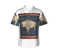 JEJEA Camisa hawaiana con estampado de mapa de la bandera del estado de Wyoming, camisa hawaiana para hombre, manga corta con botones, camisas de playa de verano, camiseta cubana casual, Negro, 3XL