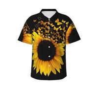 JEJEA Camisa hawaiana con estampado de mariposas florales y girasoles para hombre, manga corta con botones, camisas de playa de verano, camiseta cubana casual, Negro, 3XL