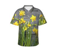 JEJEA Camisa hawaiana con estampado de ramo de narcisos para hombre, manga corta con botones, camisas de playa de verano, camiseta cubana casual, Negro, XL