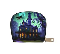 JEJEA Cartera negra con estampado de mansión encantada, tarjetero pequeño con cremallera, tarjetero de cuero, White, Talla única