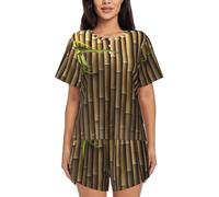 JEJEA Conjunto de pijama de 2 piezas con estampado de bambú de primavera para mujer, con bolsillos, pijama de verano para mujer, cuello redondo, manga corta, Negro, L