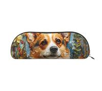 JEJEA Corgi - Estuche de piel con estampado de flores y flores primaverales con cremallera, estuche para lápices, bolsa para lápices, bolsa de cosméticos de maquillaje, Dorado, One Size, Neceser
