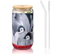 JEJEA Cute Penguin1 - Vasos de cristal con tapas de bambú y popotes, taza de café, tazas en forma de lata, vasos, cócteles, transparentes
