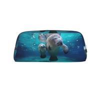 JEJEA Estuche de cuero con estampado de manatíes de las Indias Occidentales, estuche de lápices de gran capacidad, bolsa de papelería y bolsa de maquillaje versátil, Silver, Talla única, Neceser