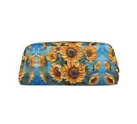 JEJEA Estuche de piel con estampado de girasol y pintura al óleo, gran capacidad, bolsa de papelería para bolígrafos, bolsa de maquillaje versátil, Gold, Talla única, Neceser
