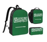 JEJEA Mochila con estampado de bandera de Arabia Saudita con fiambrera, juego 3 en 1, bolsa para libros, bolsa de almuerzo, bolsa de lápices de 17 pulgadas para viajes, Black, Talla única