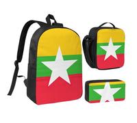 JEJEA Mochila con estampado de bandera de Myanmar con fiambrera, juego 3 en 1, bolsa de almuerzo, bolsa de lápices de 43 cm para viajes, Black, Talla única