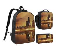 JEJEA Mochila con estampado de Chicago con fiambrera, juego 3 en 1, bolsa de almuerzo, bolsa de lápices de 17 pulgadas para viajes, Black, Talla única