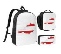JEJEA Mochila con estampado de mapa de la bandera austriaca con fiambrera, juego 3 en 1, bolsa de almuerzo, bolsa de lápices de 17 pulgadas para viajes, Black, Talla única