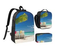JEJEA Mochila con estampado de sillas de palmera de playa con fiambrera, juego 3 en 1, bolsa de almuerzo, bolsa de lápices de 17 pulgadas para viajes, Black, Talla única