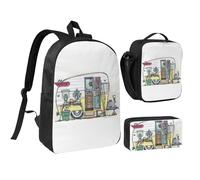 JEJEA Mochila con estampado Happy Campers con fiambrera, juego 3 en 1, bolsa de almuerzo, bolsa de lápices de 17 pulgadas para viajes, Black, Talla única