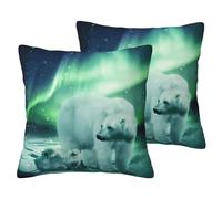 JEJEA Northern Lights - Juego de 2 fundas de almohada decorativas de lino de imitación con estampado de oso polar para sala de estar, cama, sofá