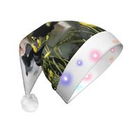 JEJEA Sombrero de Papá Noel con estampado de vacas blancas y negras para adultos, sombrero de Navidad con luces para mujeres y hombres, suministros de fiesta de Año Nuevo