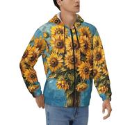 JEJEA Sudadera gruesa de poliéster suave con cremallera y estampado de girasoles para hombre, tallas S-3XL, Negro, L