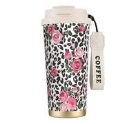JEJEA Tazas aisladas de acero inoxidable con estampado de leopardo y rosas rosadas, tazas de café de doble pared, taza de viaje de café para oficina en casa