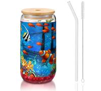 JEJEA The Underwater World - Vasos de cristal con tapas de bambú y popotes, taza de café, tazas en forma de lata, vasos, cócteles, transparentes