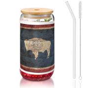 JEJEA Vasos de cristal con tapa de bambú y popotes, diseño de mapa de la bandera del estado de Wyoming, taza de café, vasos en forma de lata, vasos, cócteles, transparentes