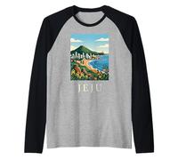 Jeju Corea del Sur Isla Costera Vintage Viajes Obra de Arte Camiseta Manga Raglan