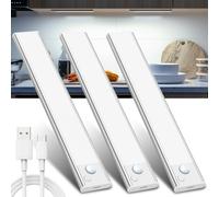 JEKEMORYE Iluminación para armario de cocina, LED, detector de movimiento, 20 cm, color blanco, 3 unidades, con USB, recargable, batería, iluminación para armario